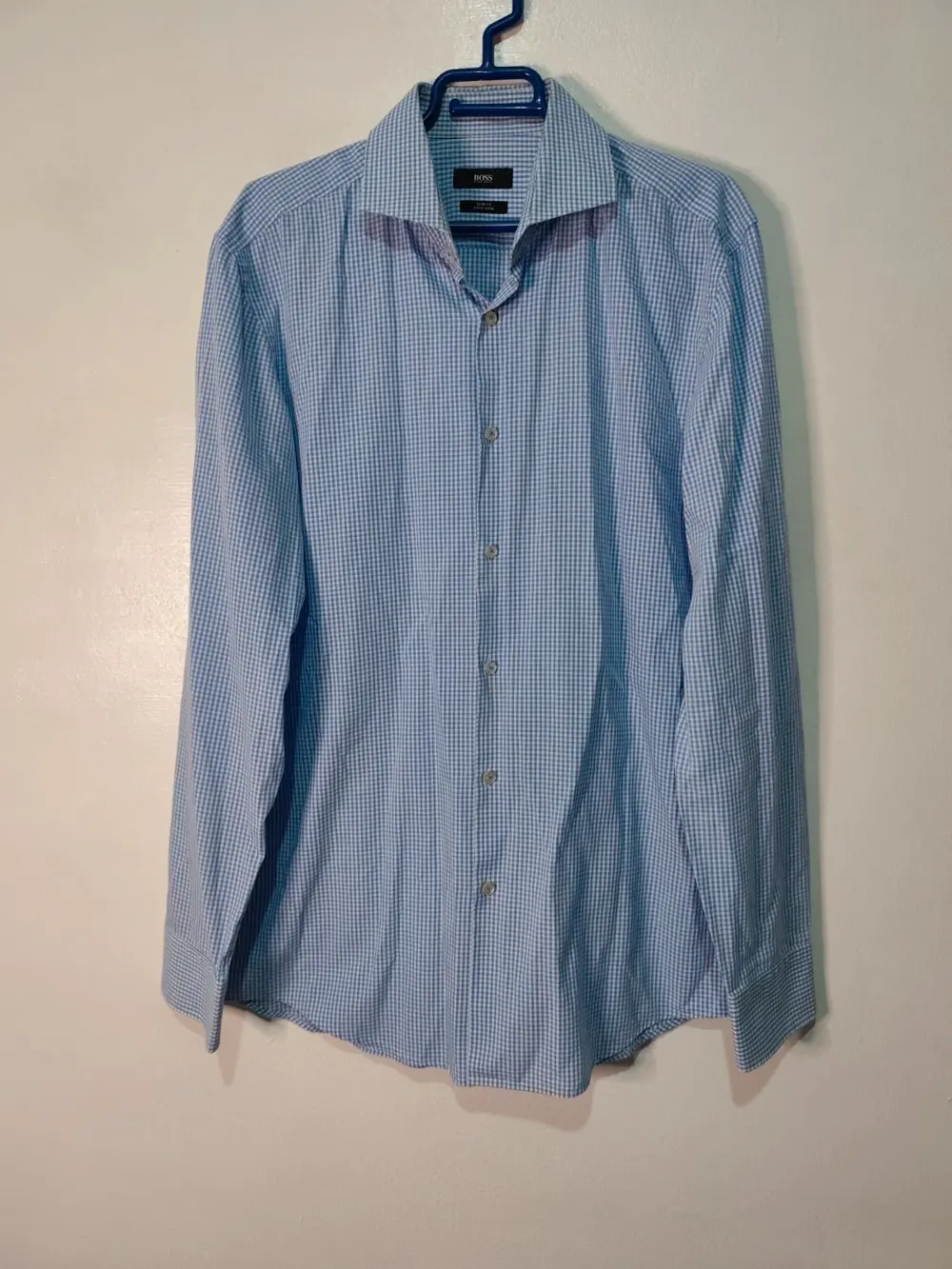 Camisa Hugo Biss slim fit easy iron cuadros vichy azul y blanco talla 41 / 16