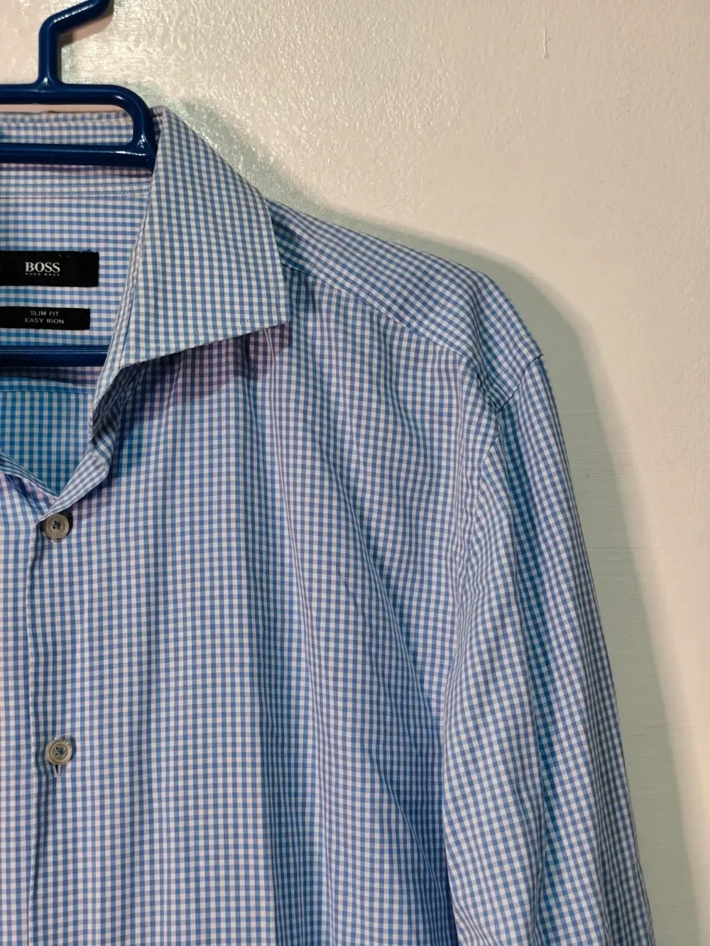 Camisa Hugo Biss slim fit easy iron cuadros vichy azul y blanco talla 41 / 16, foto 5