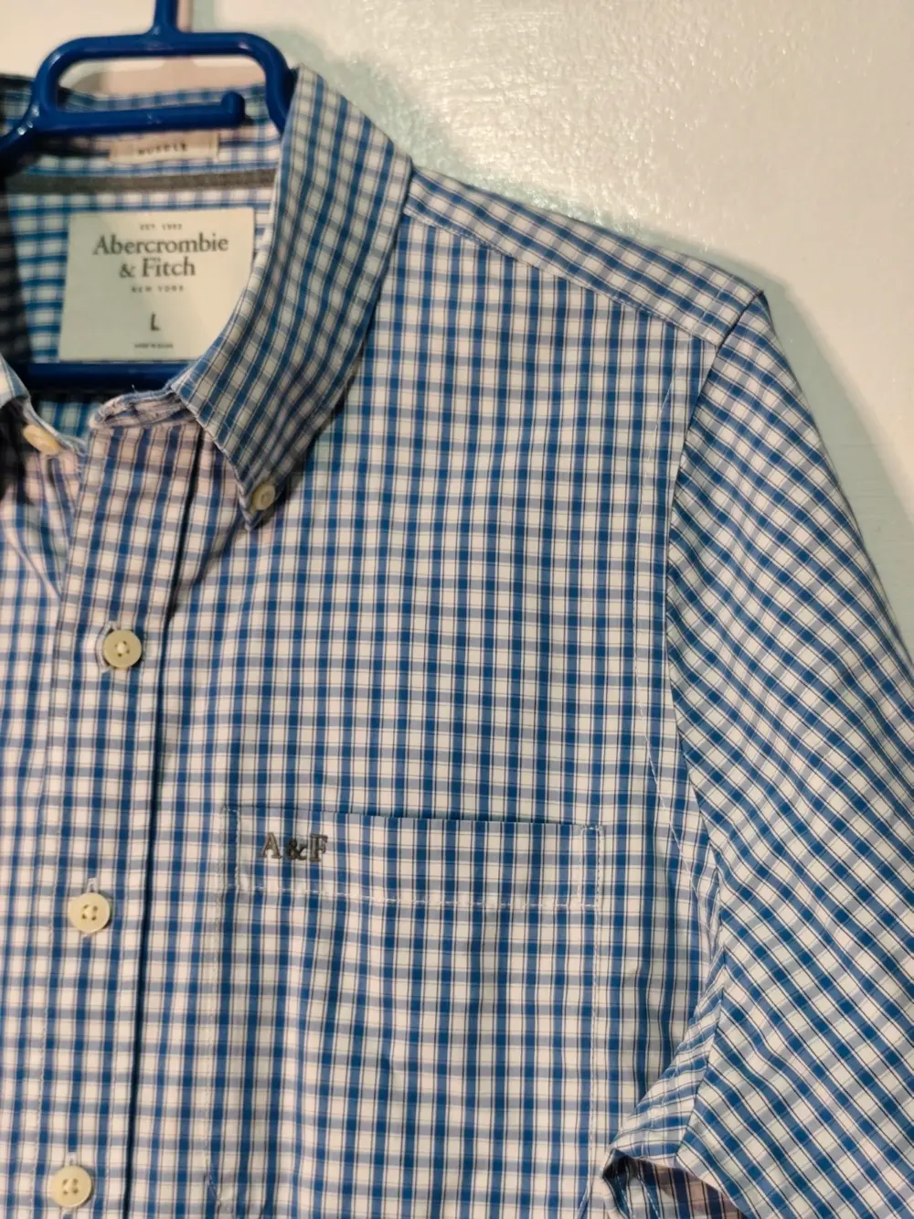 Camisa Abercrombie & Fitch cuadros vichy azul y blanco talla l muscle fit, foto 4