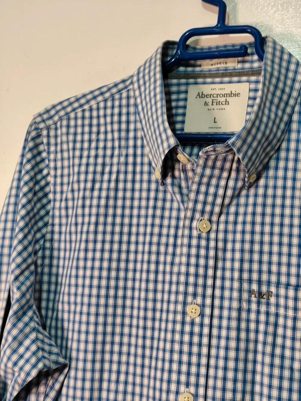 Camisa Abercrombie & Fitch cuadros vichy azul y blanco talla l muscle fit, foto 5