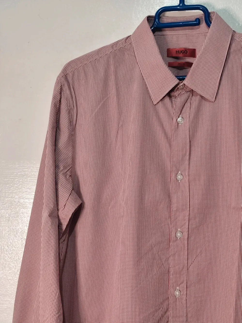 Camisa manga larga Hugo Boss slim fit cuadrito vichy burdeos talla L, foto 5