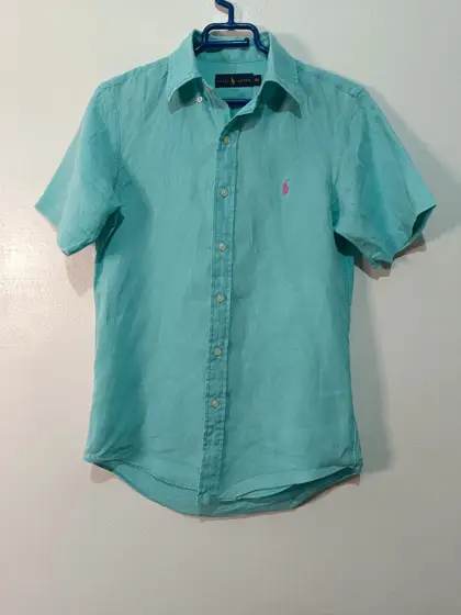 Camisa manga corta Ralph Lauren lino puro | camisa turquesa menta | pony rosa bordado | talla XS