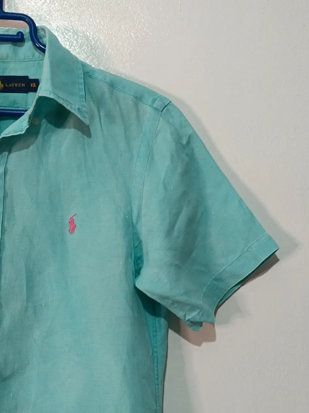 Camisa manga corta Ralph Lauren lino puro | camisa turquesa menta | pony rosa bordado | talla XS, foto 3