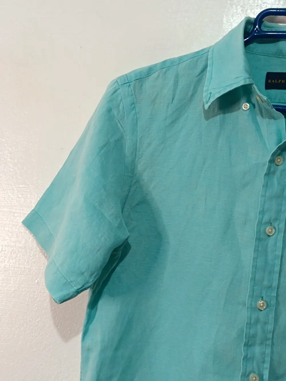 Camisa manga corta Ralph Lauren lino puro | camisa turquesa menta | pony rosa bordado | talla XS, foto 4