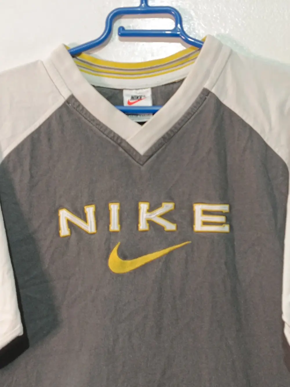 Camiseta nike vintage 90s raglan spellout bordado swoosh amarillo gris blanca talla s, foto 2