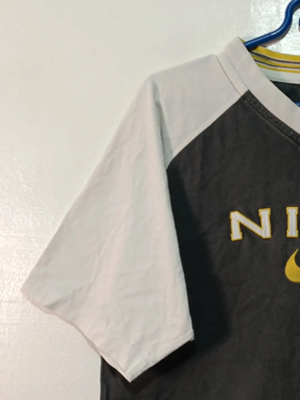 Camiseta nike vintage 90s raglan spellout bordado swoosh amarillo gris blanca talla s, foto 3