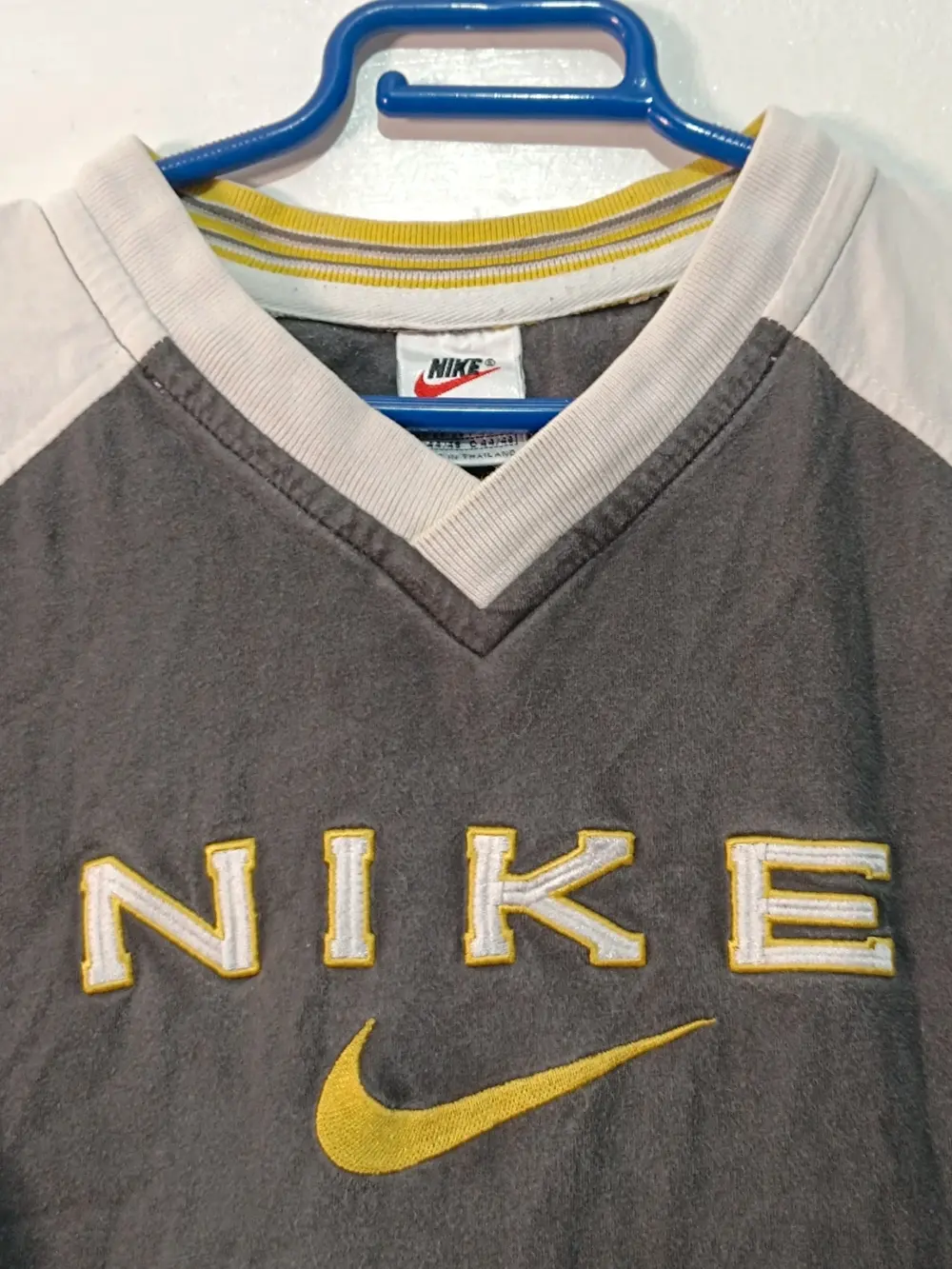 Camiseta nike vintage 90s raglan spellout bordado swoosh amarillo gris blanca talla s, foto 5