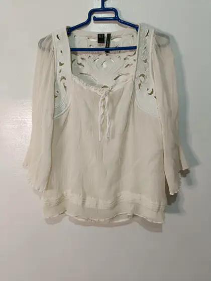 Blusa Mango Suit blanca seda bordado calado boho talla M