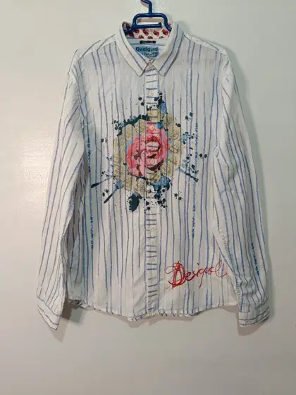 Camisa Desigual manga larga rayas azules estampado rosa talla XL
