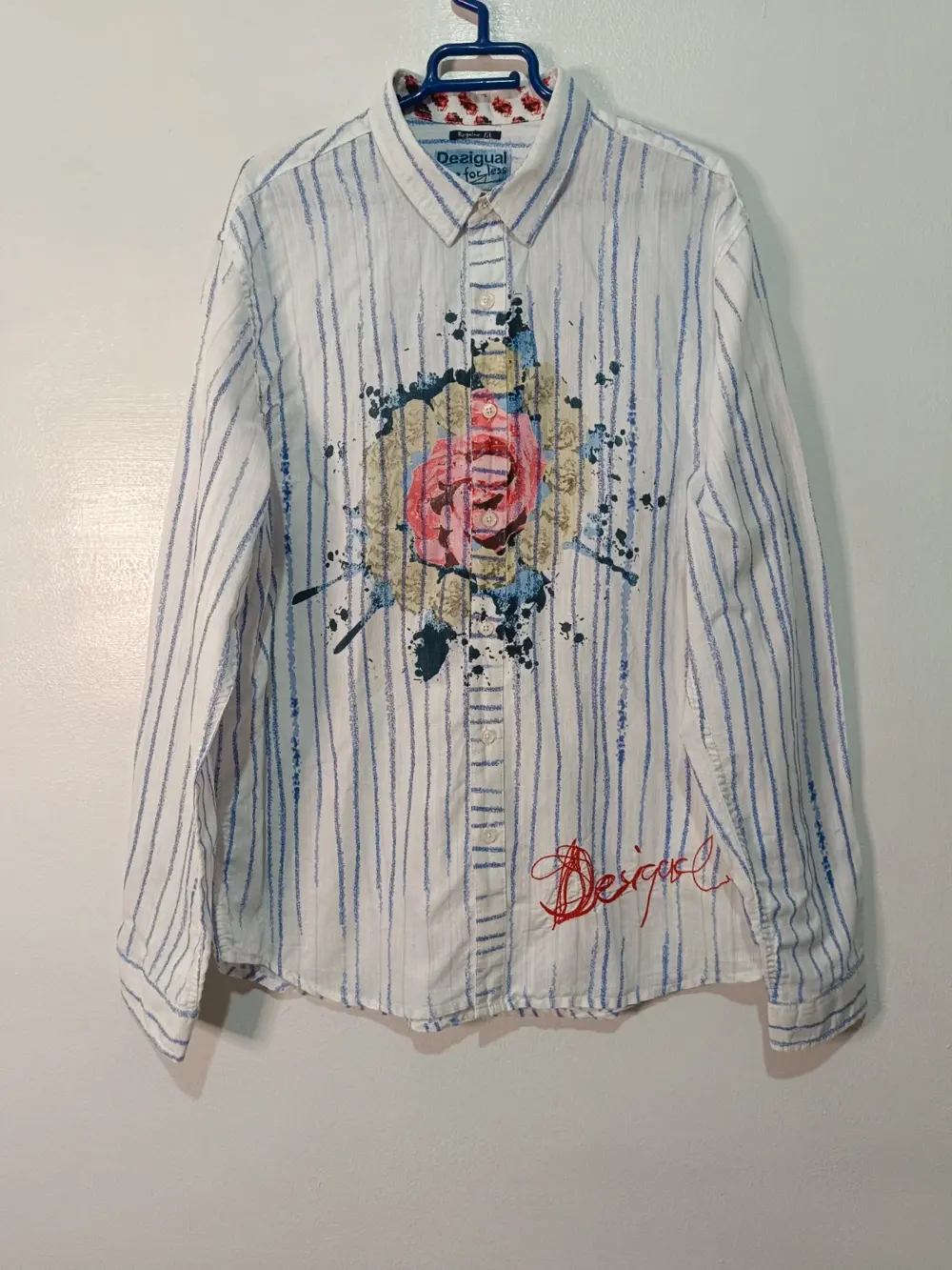 Camisa Desigual manga larga rayas azules estampado rosa talla XL