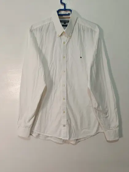 Camisa manga larga Tommy Hilfiger blanca clásica, talla L (Stretch)